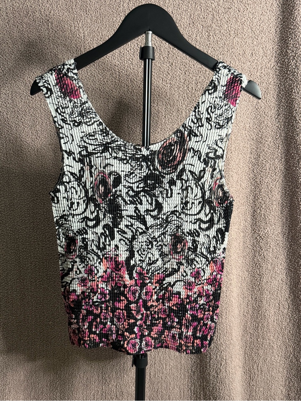 NIC+ZOE Pink Black White Floral Crinkle Tank Top Size L